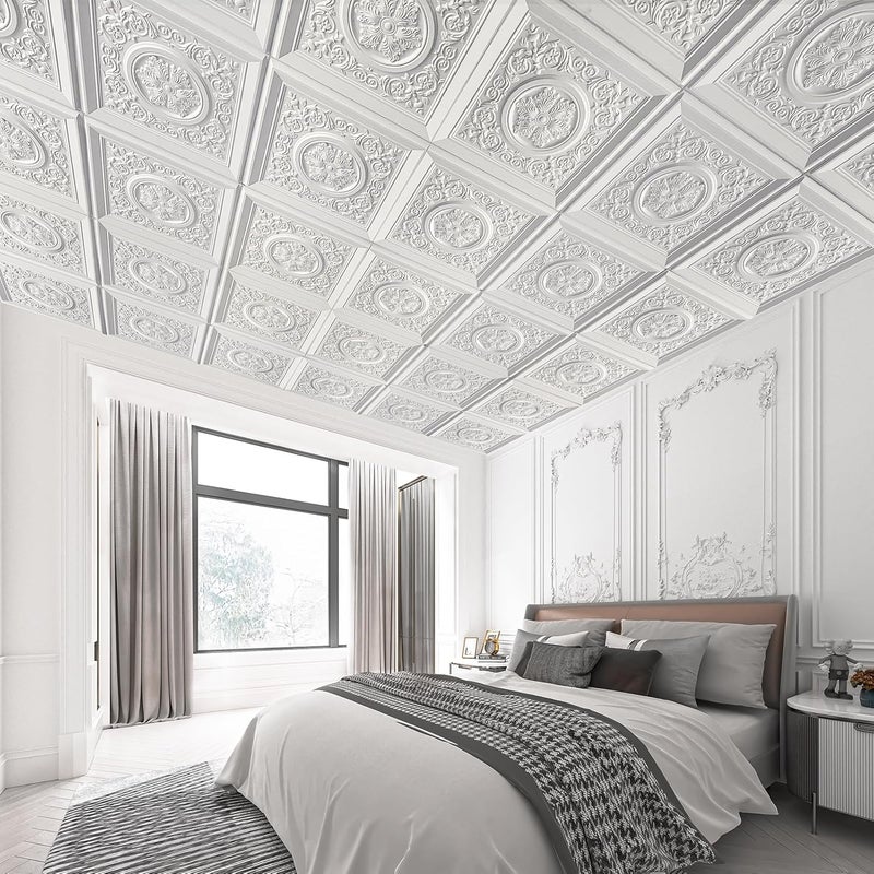 WOWSTAR 12-Pack 24"x24" Drop Ceiling Tiles, Waterproof Glue up Vintage Style 3D Ceiling Tiles, White - Image 3